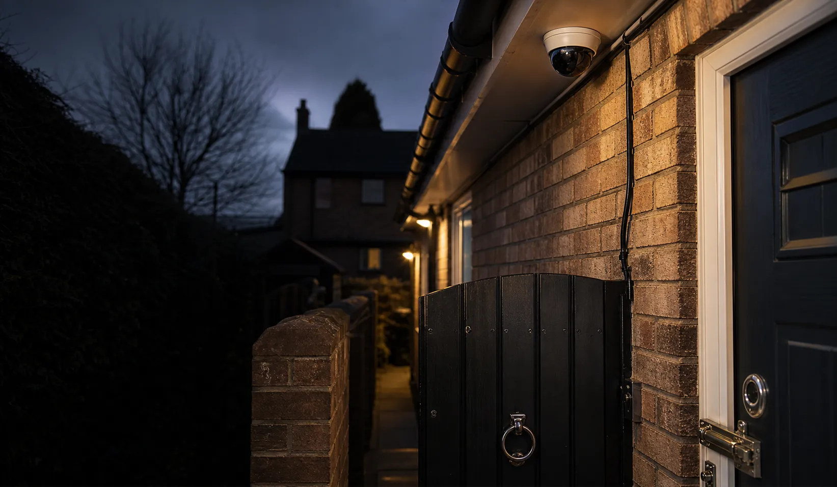 Placeholder photo showing a domestic CCTV camera, side gate and practical home security hardware