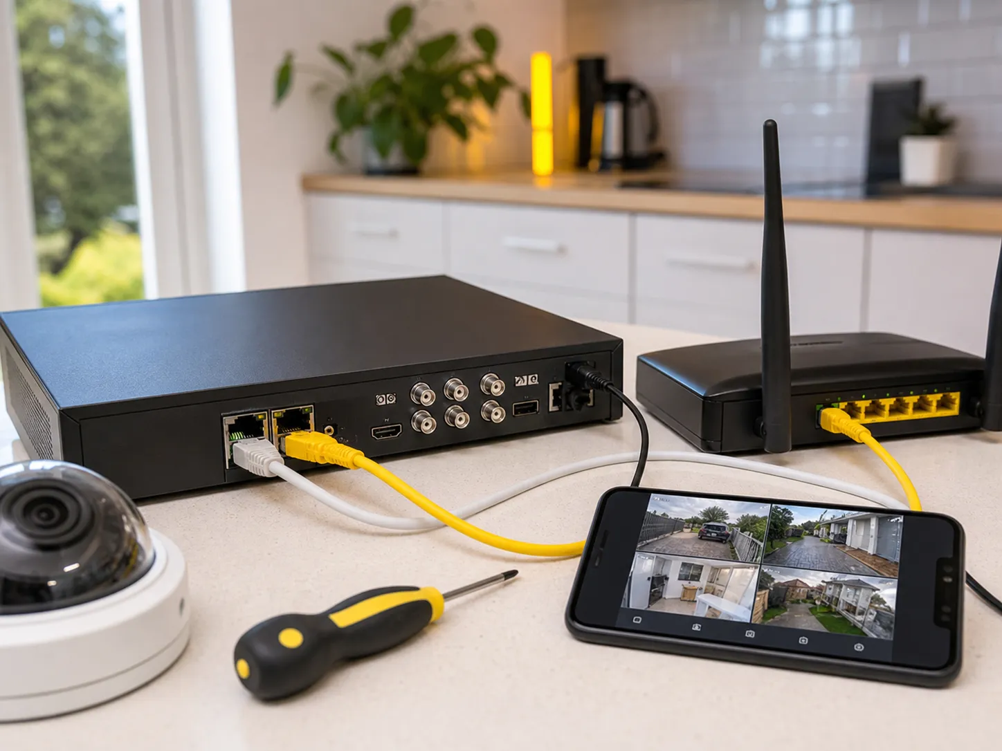 An NVR, router and phone app being checked for a CCTV connection problem