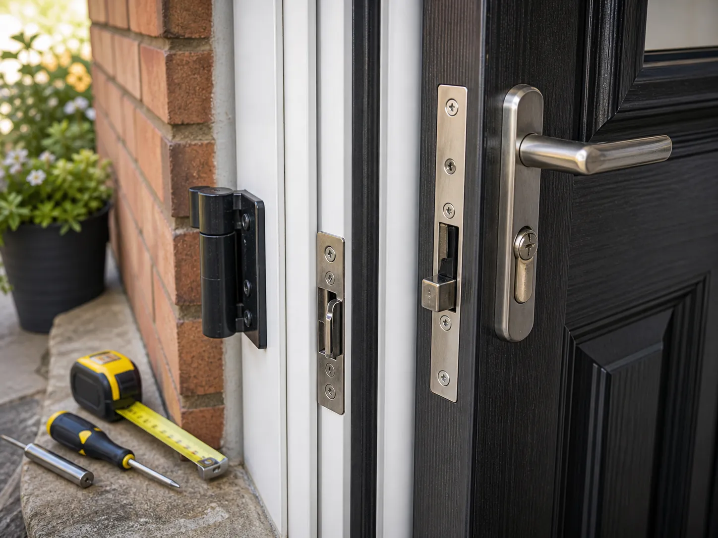 Generated placeholder showing a domestic door lock, hinges and frame being checked