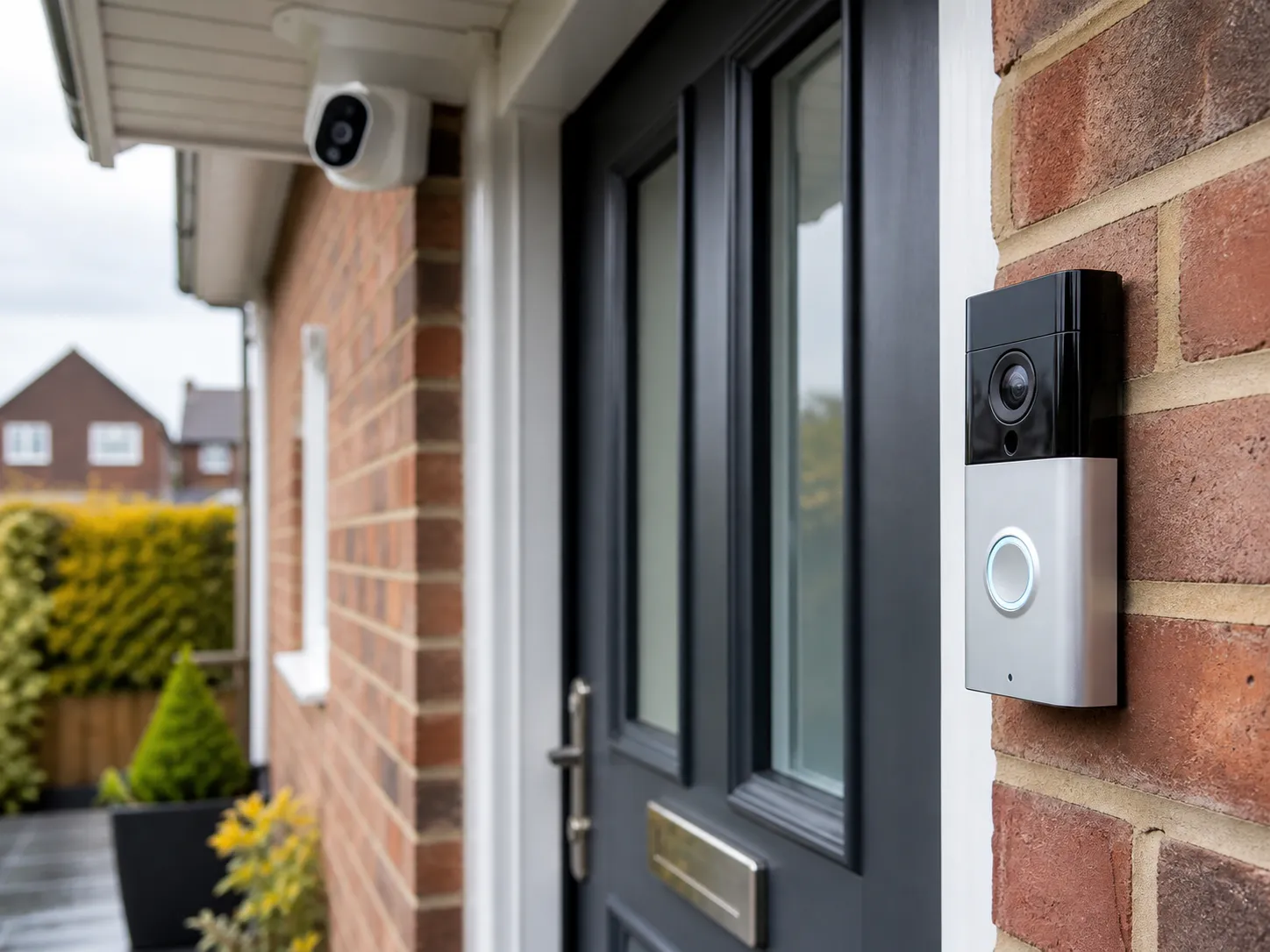A Ring smart doorbell and Wi-Fi camera at a domestic front door