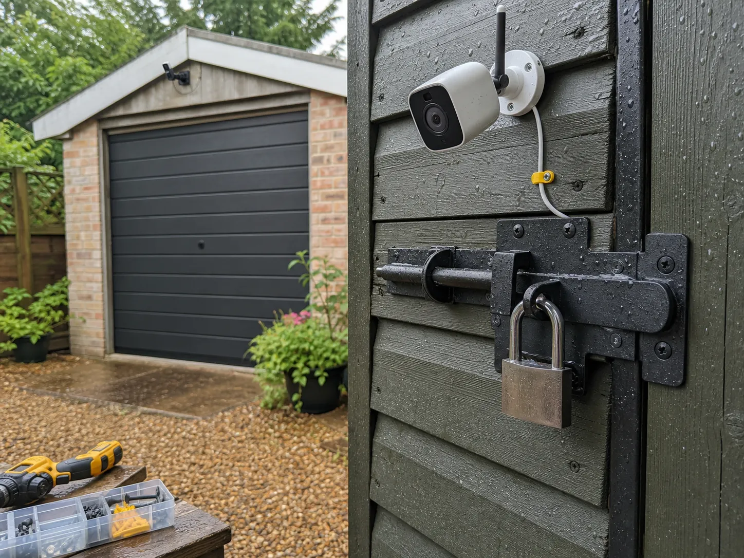 Generated placeholder showing shed security hardware and camera coverage